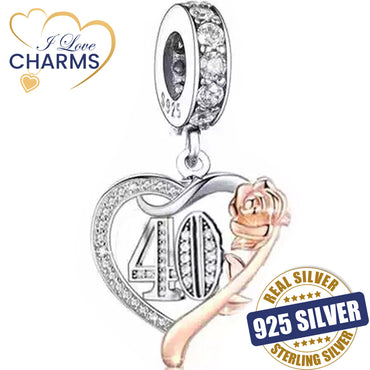 💝 40th Birthday Charm 925 Sterling Silver 40 Heart Rose Love Anniversary Gift