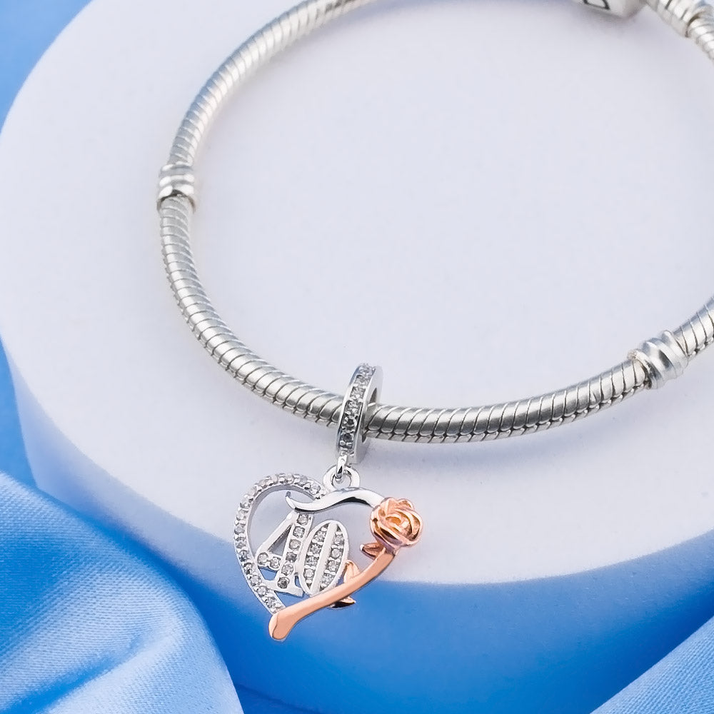 💝 40th Birthday Charm 925 Sterling Silver 40 Heart Rose Love Anniversary Gift