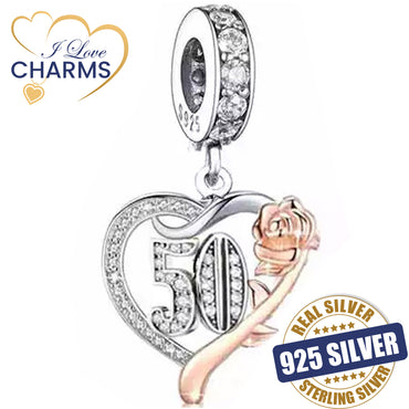 💝 50th Birthday Charm 925 Sterling Silver Number 50 Anniversary Heart Love Gift