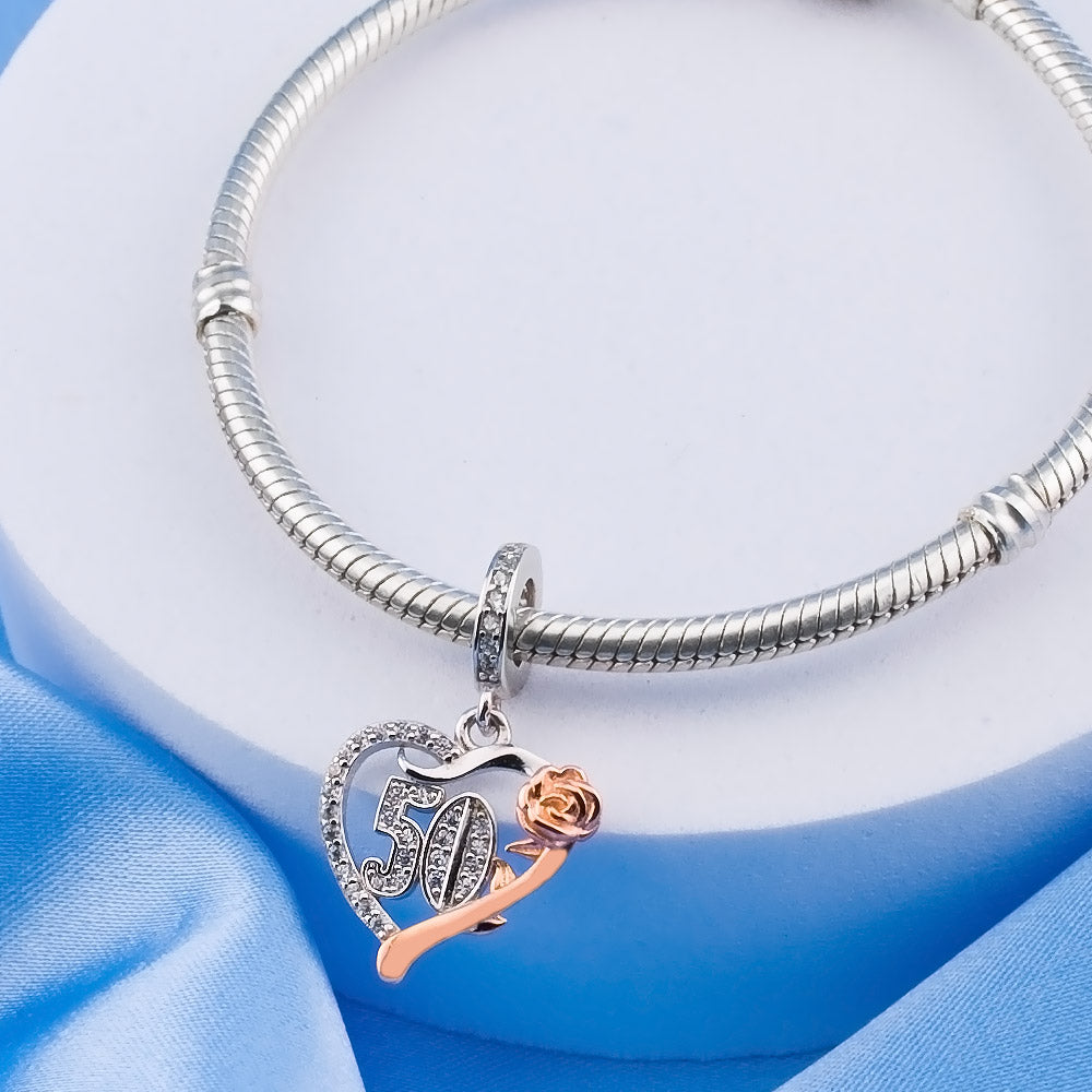 💝 50th Birthday Charm 925 Sterling Silver Number 50 Anniversary Heart Love Gift