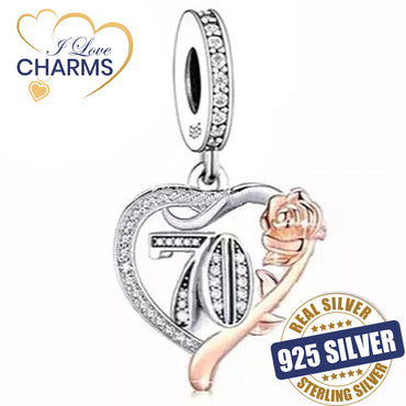 💝 70th Birthday Charm 925 Sterling Silver Number 70 Rose Anniversary Heart Gift