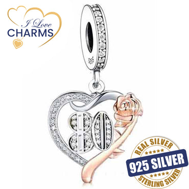 💝 80th Birthday 925 Sterling Silver Charm Number 80 Rose Flower Heart Love Gift