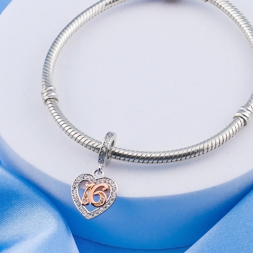 💝 16th Birthday Charm 925 Sterling Silver Number 16 Heart Love Anniversary Gift