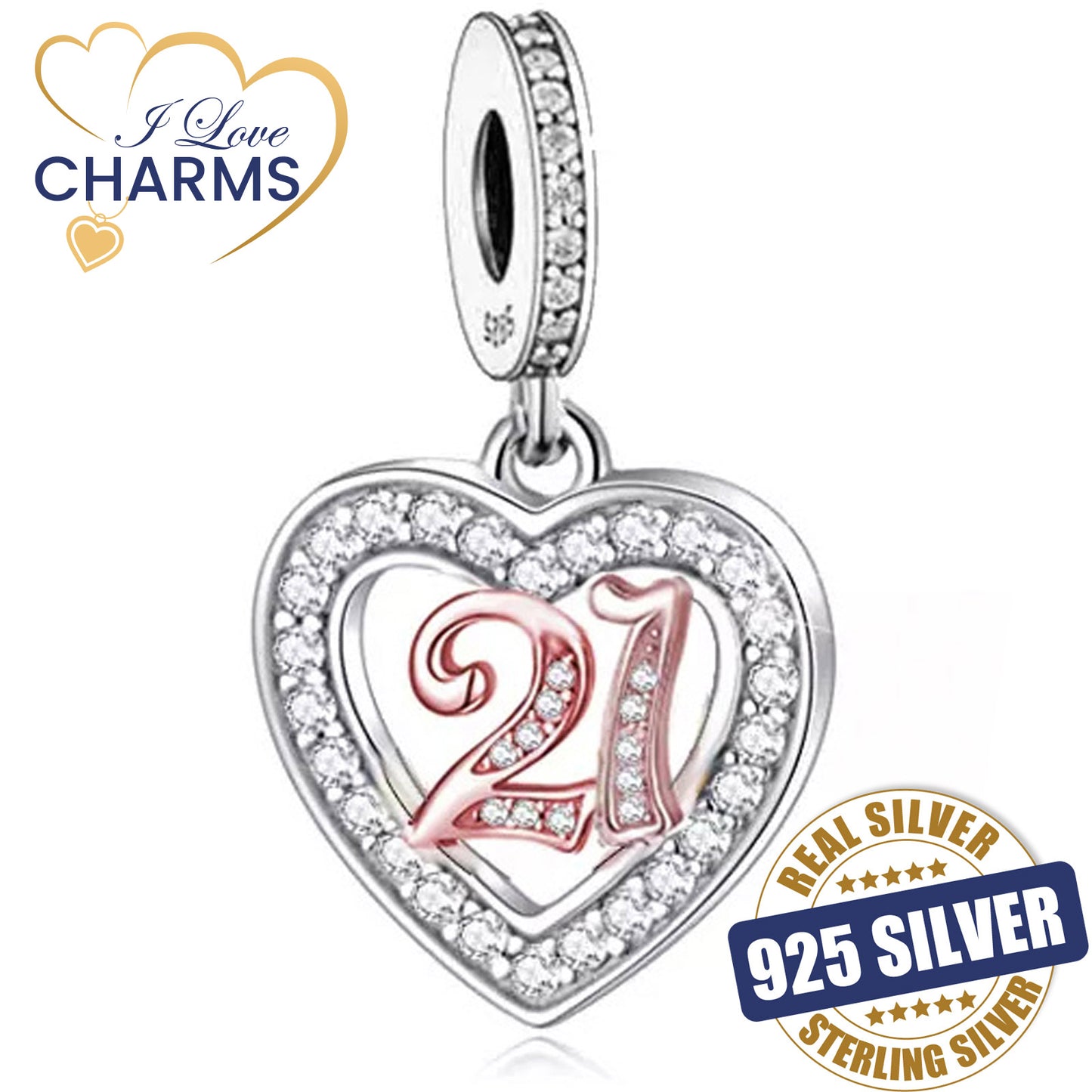 💝 21st Birthday Charm 925 Sterling Silver Number 21 Heart Love Anniversary Gift