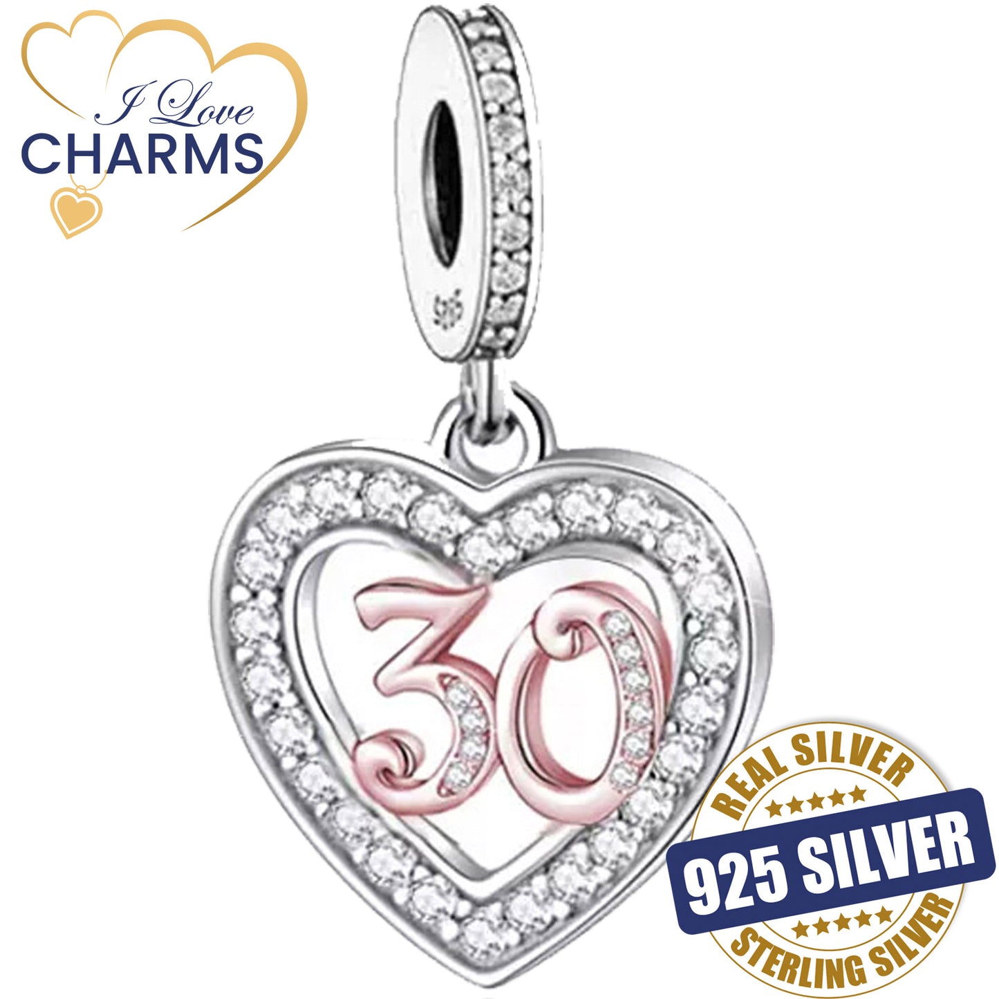 💝 30th Birthday Charm 925 Sterling Silver Number 30 Heart Love Anniversary Gift