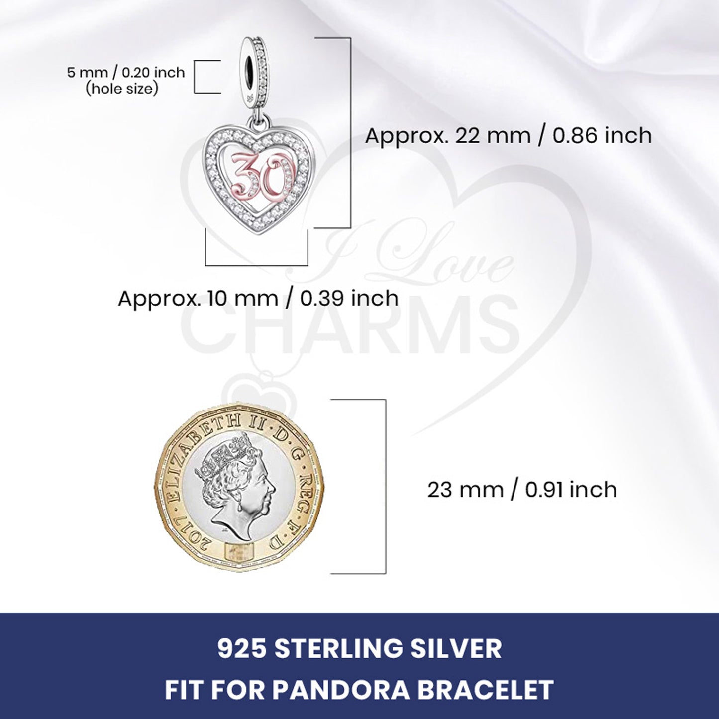 💝 30th Birthday Charm 925 Sterling Silver Number 30 Heart Love Anniversary Gift