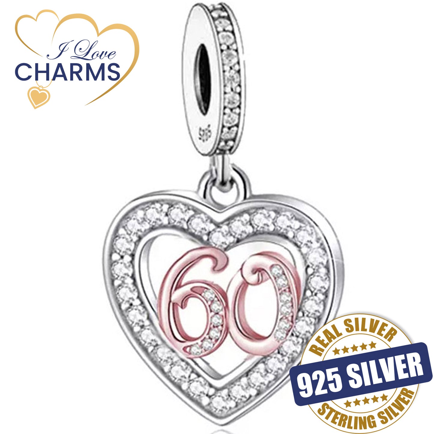 💝 60th Birthday Charm 925 Sterling Silver Number 60 Heart Love Anniversary Gift