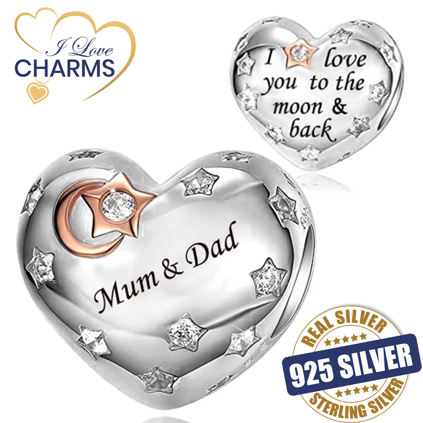 💝 Mum & Dad Charm I Love You To The Moon And Back 925 Sterling Silver Gift Bead