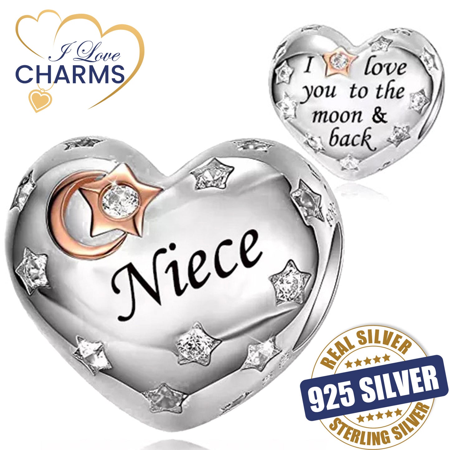 💝 Niece Charm I Love You To The Moon And Back 925 Sterling Silver Heart Gift