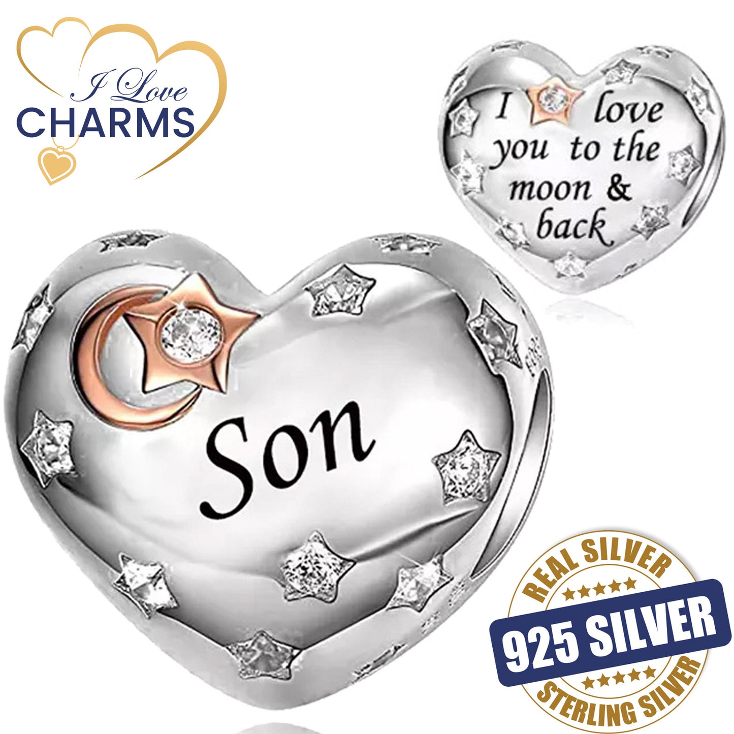 💝 Son Charm I Love You To The Moon And Back 925 Sterling Silver Heart Bead Gift