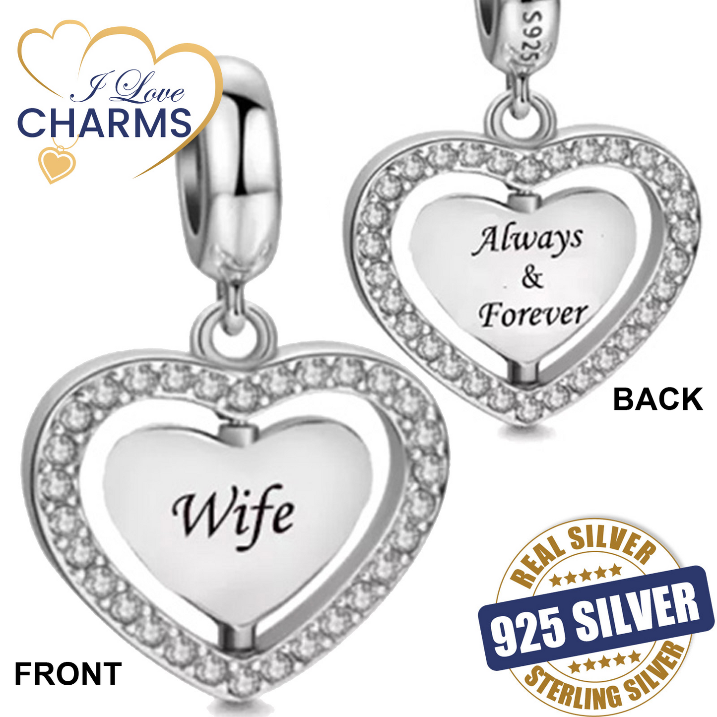 💝 Wife Always & Forever Charm 925 Sterling Silver Love Heart Anniversary Gift