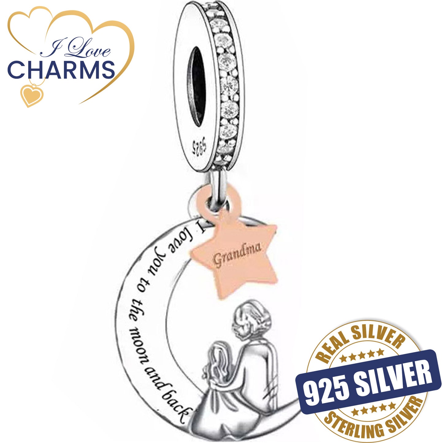 💝 Grandma Charm I Love You To The Moon And Back 925 Sterling Silver Nana Gift