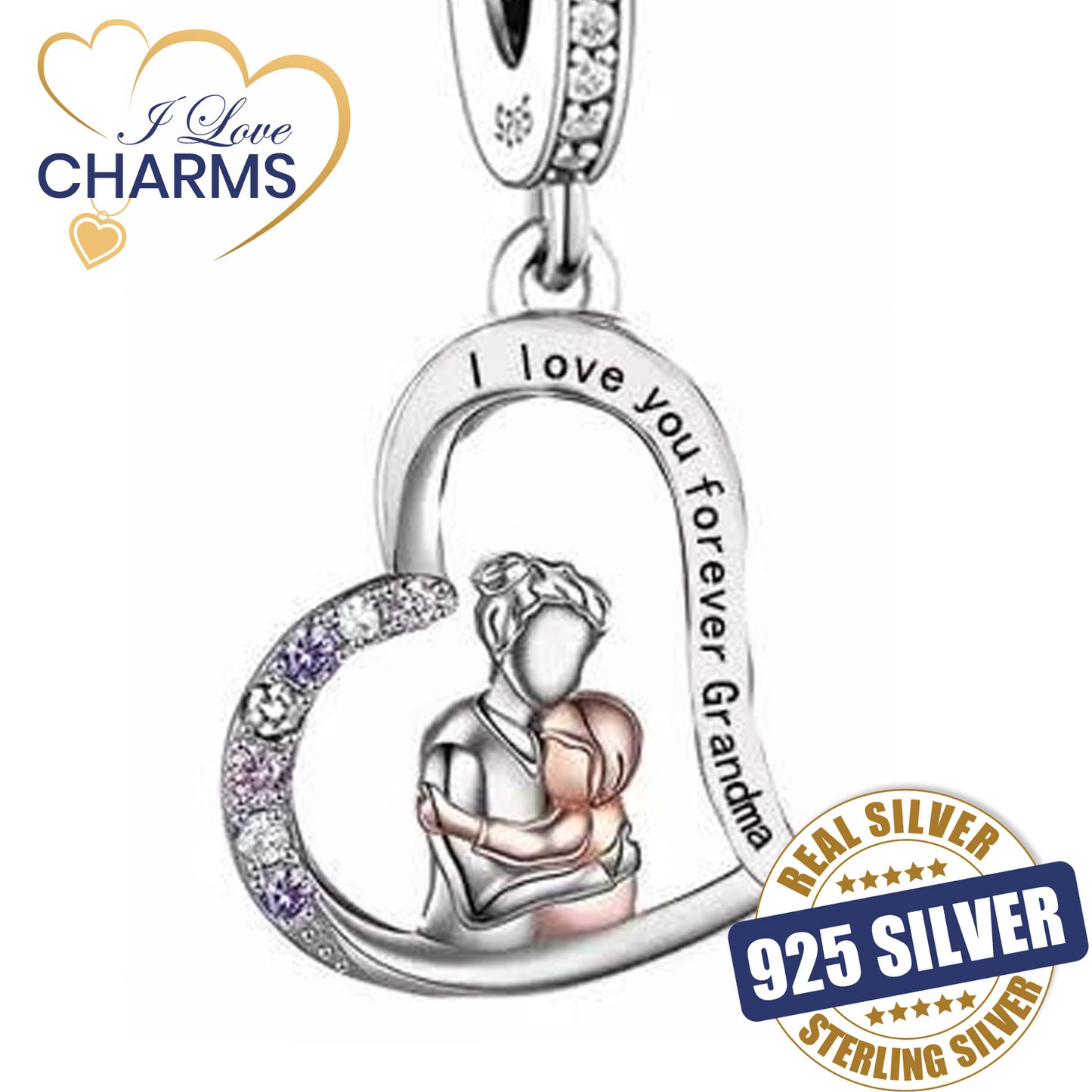 💝 I Love You Forever Grandma 925 Sterling Silver Charm Heart Love Gift for Nana