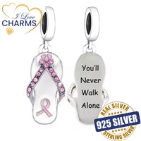 💝 Breast Cancer Pink Ribbon Charm You'll Never Walk Alone 925 Sterling Silver