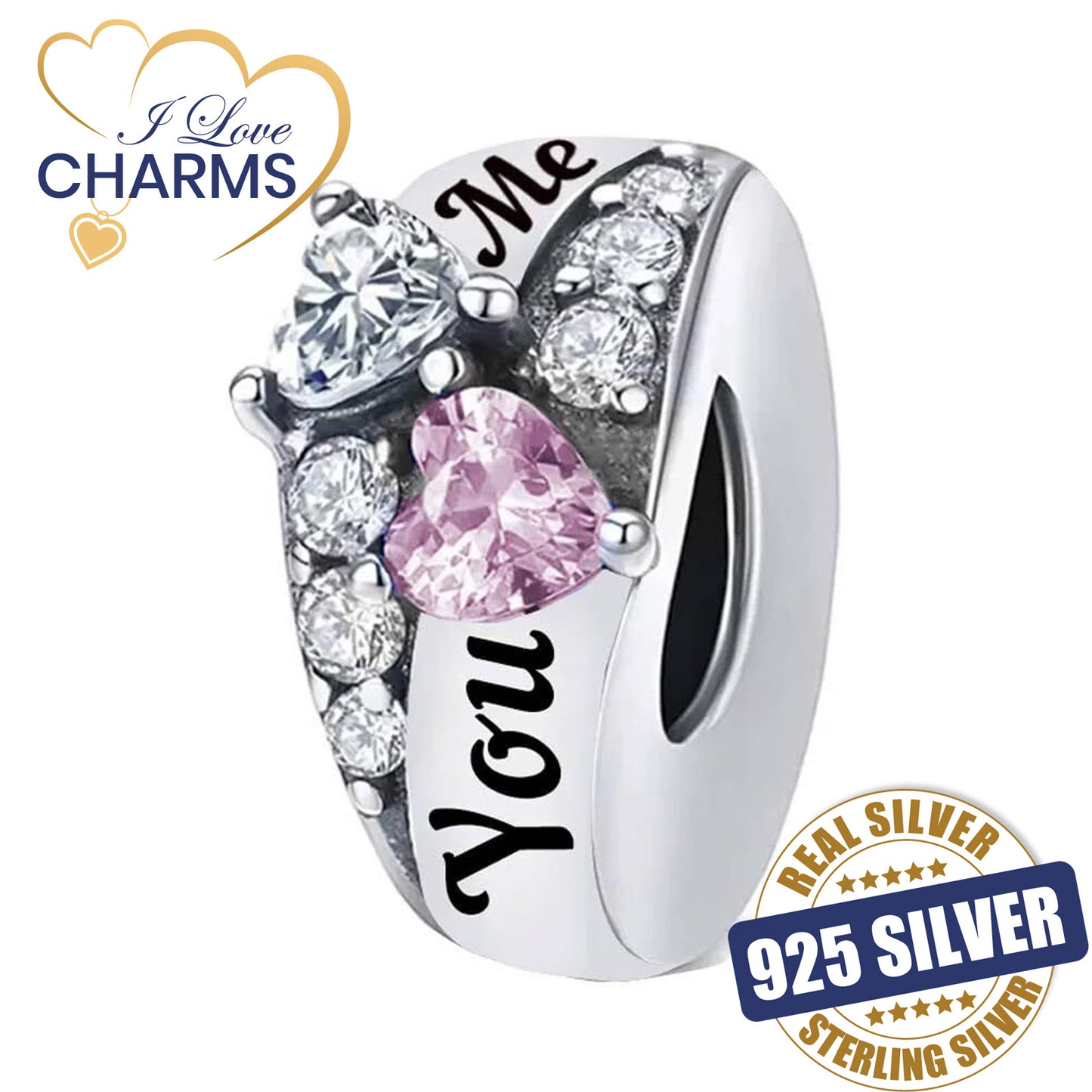 💝 Me and You Charm 925 Sterling Silver Ring Clear & Pink - Gift Wife Girlfriend