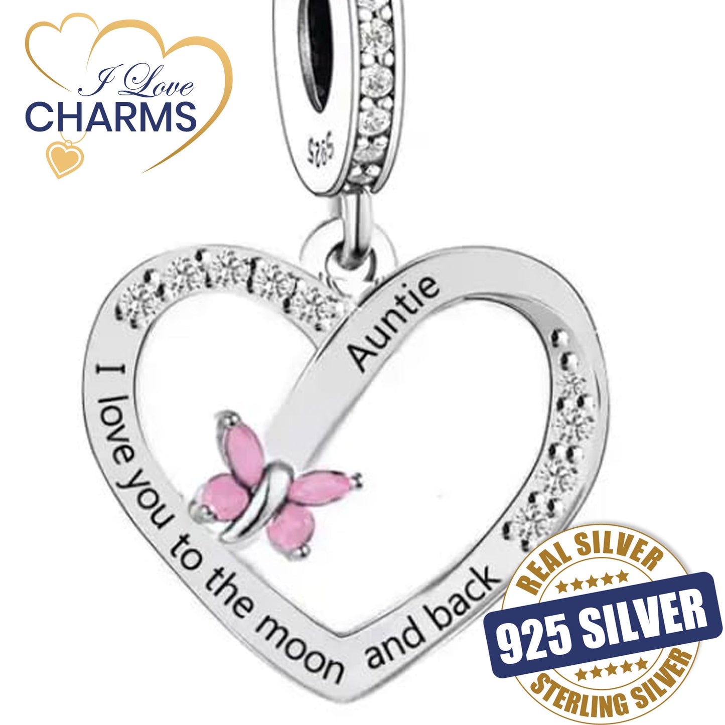 💝 Auntie Charm I Love You To The Moon & Back 925 Sterling Silver Gift