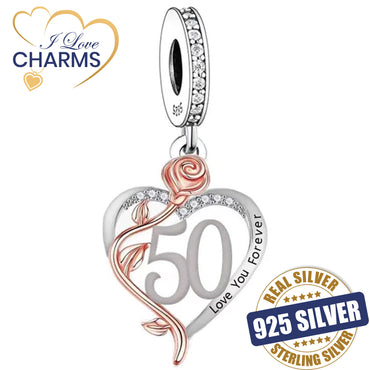 💝 50th Birthday Charm 925 Sterling Silver Number 50 Heart Love Gift Anniversary