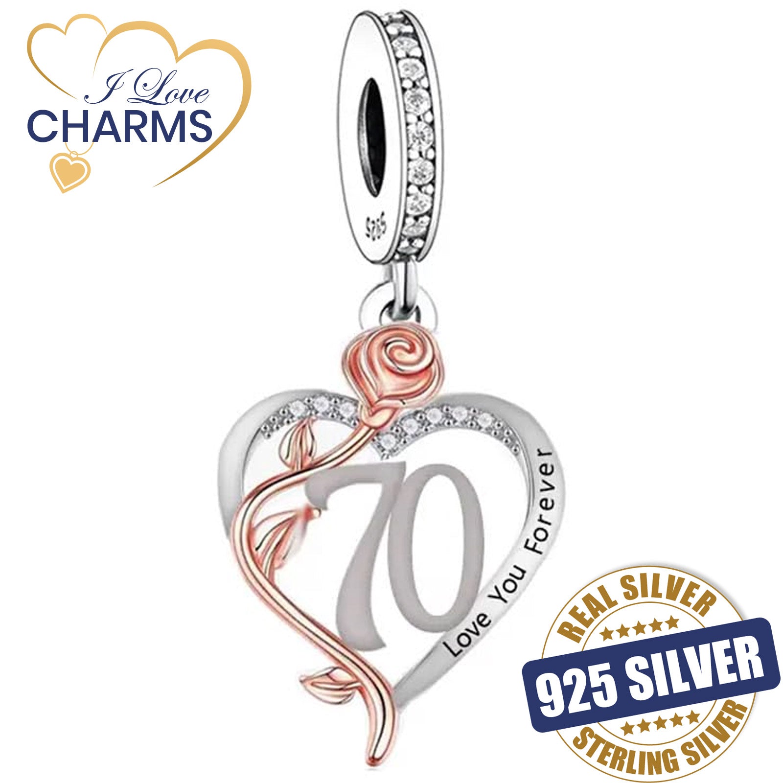 💝 70th Birthday Charm 925 Sterling Silver Number 70 Heart Love