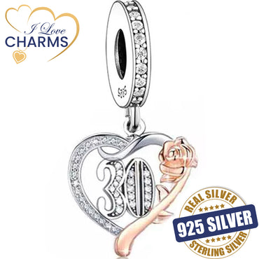 💝 30th Birthday Charm 925 Sterling Silver 30 Heart Rose Anniversary Love Gift